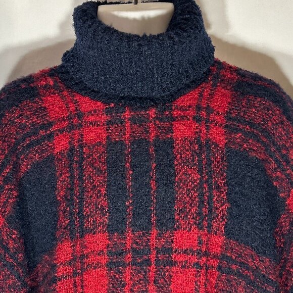 Plaid Poncho Turtleneck Navy & Red OSFA Comfy Parisian Academia Old Money - Picture 2 of 4